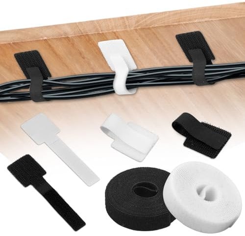 BOXOB 40uds Bridas de Velcro para Cables y 2 Rollos de Correas de Extensión, Reutilizables Organizador de cables con Parte Trasera Adhesiva para el Hogar y la Oficina (Blanco, Negro)