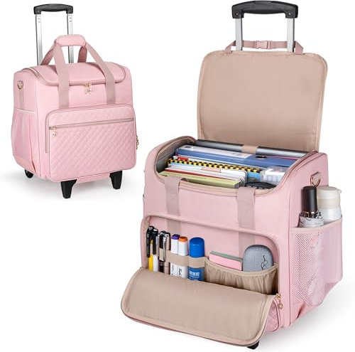Luxja Rolling Teacher Bag with Laptop Compartment and Detachable Dolly, Multifunctional Rolling Teacher Tote Bag (Bag Only), Pink