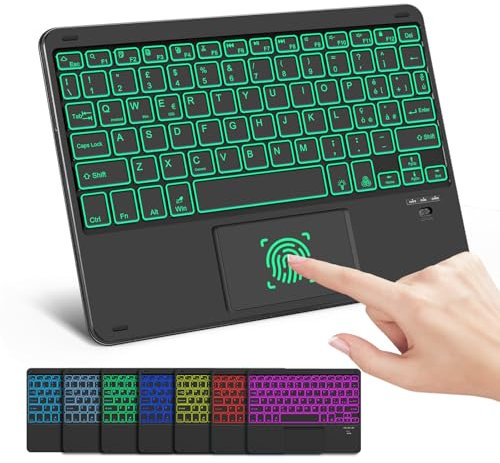 Nsyee Tastiera Bluetooth wireless Ultra Sottile, Retroilluminazione a 7 Colori, Trackpad Multi-Touch Integrato, per Android/iOS/Windows, Tastiera Wireless, per iPad/Tablet/Samsung, Layout Italiano