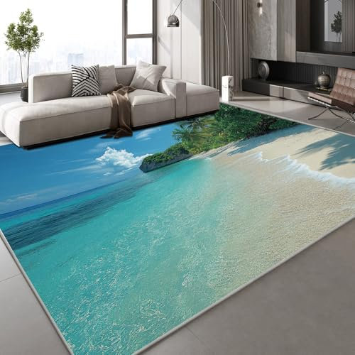 Generisch Meer Inseln Teppich Kinderteppich Modern 3D Blauer Himmel Landschaft Teppich Kinderzimmer Kurzflor Teppiche rutschfeste Spielteppiche für Schlafzimmer Wohnzimmer Zimmer 150x210 cm