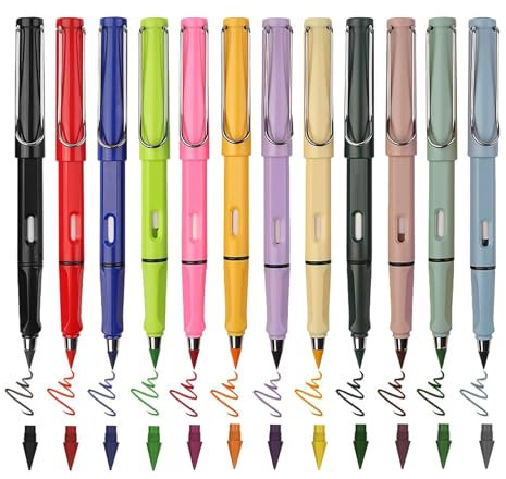 Flanliy Swify Zauberbuntstift, 12 Stück Swify Zauber Bleistift mit 12 Wechselkopfm, Ewiger Bleistift mit Radiergummi, Zauber Buntstift Ohne Anspitzen, Buntstifte Set für Schreiben und Zeichnung (A)