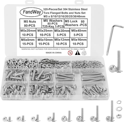 FandWay M5 Torx Vis à Tête Bombée avec Bride,320 Pièces Vis à Six Pans Creux en Inox 304,Vis à Métaux Boulon et écrous Rondelles Set,Filetage complet avec Clé T25.Pour Réparation Bricolage.