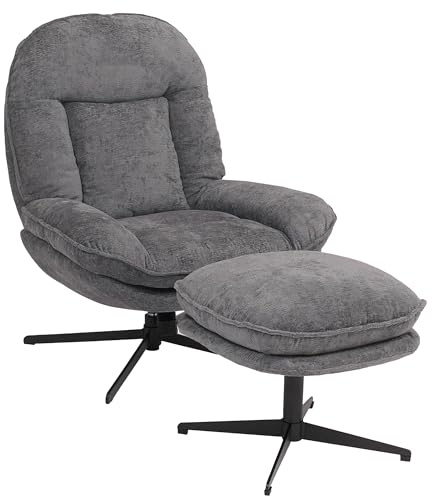 Mendler Relaxsessel mit Hocker HWC-P32 Metall - grau | Fernsehsessel, Nosagfederung, drehbar Stoff/Textil, Chenille (370, g/m²)