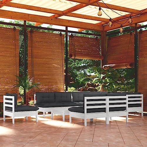 Runheo 11-TLG. Garten-Lounge-Set, Kiefer Massivholz Weiß, mit anthrazitfarbenen Kissen, modulare Terrassen-Sitzgruppe für Außenbereich