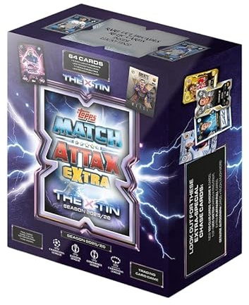 Topps UCC Match Attax Extra 2026 – X Tin – enthält 64 Karten plus eine X Greats LE Karte und eine Bonus Electrix LE Karte.