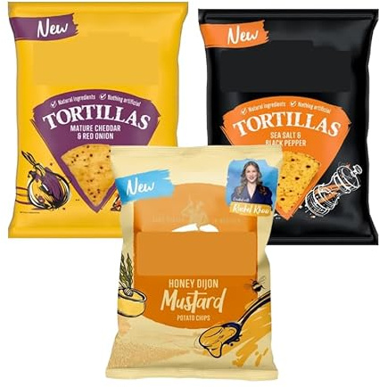 Tortilla Mature Cheddar and Red Onion Crisps, Sea Salt & Cracked Black Pepper140g, Honey & Dijon Mustard Crisps (130g), Pack of 3