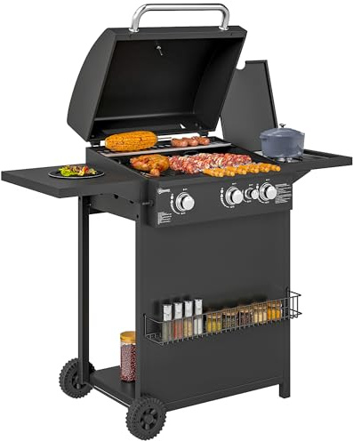Outsunny Barbecue Gaz 3+1 Brûleurs en Acier 9,5 kW 2 Roues Couvercle Noir