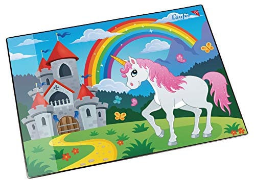 Läufer 46653 Schreibtischunterlage Einhorn, 53x40 cm, rutschfeste Schreibunterlage für Kinder, Zubehör für Kinderschreibtisch, mit transparenter Seitentasche