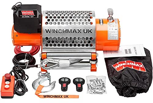 WINCHMAX 20000lb / 9072kg 12v elektrische Winde. 25 m 14 mm verzinktes Stahldrahtseil, 1/2-Zoll-Gabelhaken, Rollenseilführung und drahtlose Fernbedienungen mit Zwei Hörern