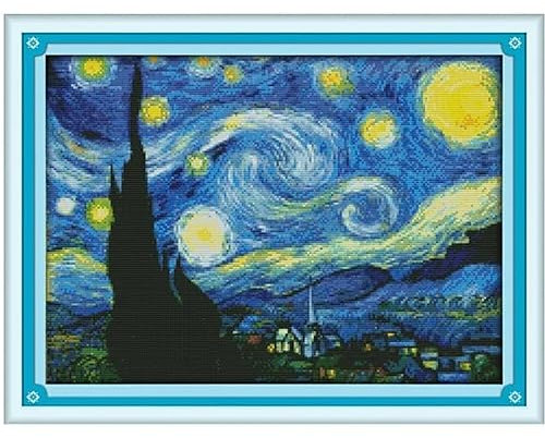 Maydear Kreuzstich-Set, gestempelt, komplettes Sortiment an Stickerei-Starter-Kits für Anfänger, DIY, 11-fädig, 3 Stränge, Sternennacht von Van Gogh, 58 x 45,7 cm