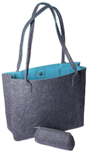 Filztasche, filztasche shopper, shoppertasche, kinder tasche, filztasche damen, Filz Einkaufstasche groß M 15L Dunkelgrau & Petrol, Handtasche, Tragetasche, Schultertasche,