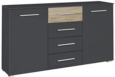 Rauch Möbel Tarragona Schlafzimmer Kommode, Kommode in Grau Metallic / Eiche Sanremo hell, 2-türig mit 4 Schubladen inkl. Zubehörpaket Basic 2 Einlegeböden BxHxT 140x81x42 cm