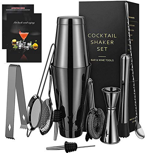 11 TLG Boston Shaker Set - Professional Cocktail Shaker Mixing Set, Home Stylish Bar Tool Set mit Rezeptbuch, Messbecher und Bar Löffel, Barkeeper zubehör, schwarz