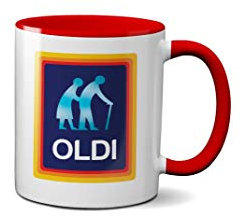 Oldi Mug- Birthdays Christmas Funny Gift Presents Celebration Novelty Old Large Heavy Duty Handle Dino Coated Dishwasher/Microwave Safe Sublimation Ceramic (Red Handle Prime)
