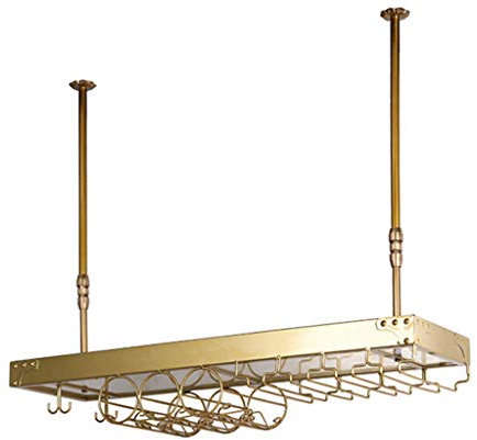 2- In-1 Weinregal - Wandbehang Eisen Weinglas und Flaschen Aufbewahrungshalter [Höhe 30-60 cm verstellbar] - Goldrahmen Decken Stemware Racks