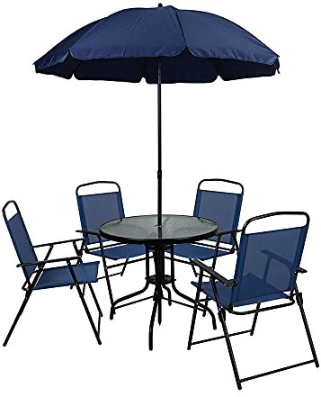 Flash Furniture Nantucket 6-teiliges Terrassen-Esszimmer-Set mit Glastisch, 4 Klappstühlen und Sonnenschirm, Terrassentisch, Stühlen, Regenschirm-Set, Marineblau
