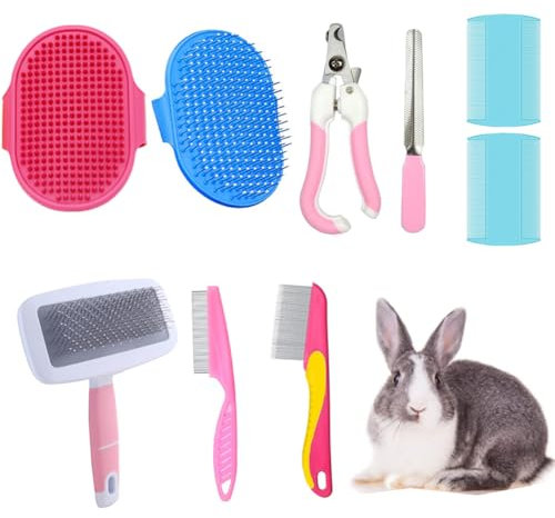 WoYous Rabbit Grooming Brush, Small Pet Hair Brush Set, Rabbit Brush, Massage Brush, Bunny Nail Clippers, Small Pet Grooming Brush Set for Cats, Puppies, Rabbits, Hamsters, Pink