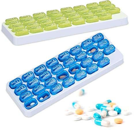 Relaxdays Tablettenbox 2er Set, große Pillendose für 31 Tage, BPA-freier Kunststoff, tägliche Medikamentenbox, grün/blau