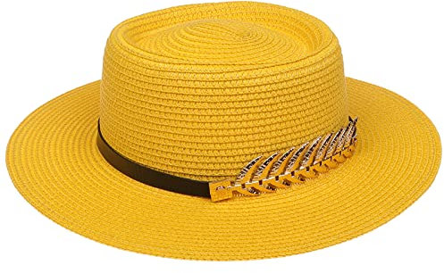 JK Home Femme Chapeau de Paille Panama Large Bord avec Boucle Capeline Eté Anniversaire Camping Plage Jaune