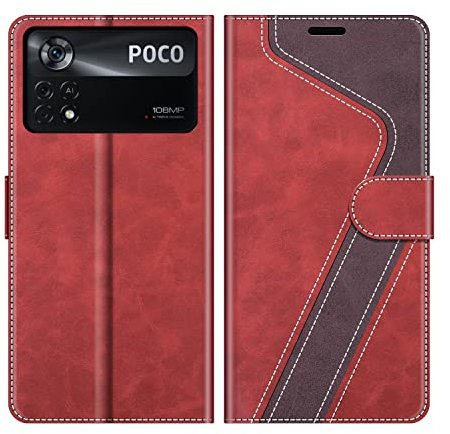 MOBESV Coque pour Xiaomi Poco X4 Pro 5G, Housse en Cuir Magnétique Fonction Stand Étui pour Xiaomi Poco X4 Pro 5G, Élégant Rouge