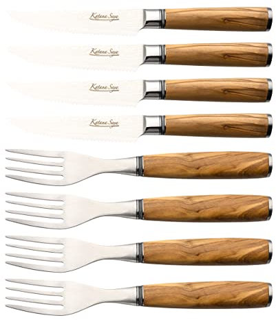 Katana Saya 8-Piece Steak Knife and Fork Set, VG-10 Damascus Steel, Olive Wood Handles