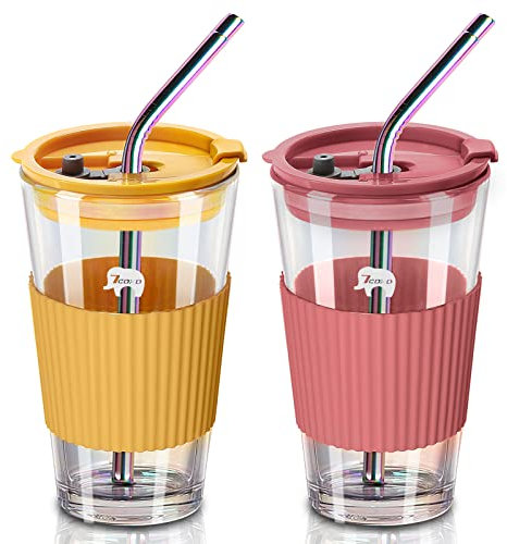 7CDXD 450ml Iced Coffee Cups Reusable 2 Pack Glass Travel Mug with Straws and Lids Leakproof Drinking Glasses for DIY Coffee Milk Beverages Tea and Wine