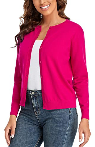 CUNYI Gilet Femme, Chandail Tricot avec Boutons pour Femme, Pull Veste Cardigan Col Rond Manches Longues Classique, Rose Foncé M