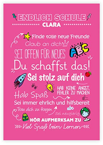 Personalisiertes Poster „Endlich Schule” Motivationssprüche, Kinderzimmer, Einschulung, Erster Schultag, Gastgeschenk, zum Schulstart, Motivation, Mutmacher Poster (Pink)