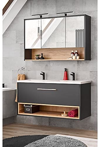 Lomadox Waschplatz Set mit Doppelwaschbecken in anthrazit mit Artisan Eiche Nb., B/H/T: ca. 121/200/46 cm