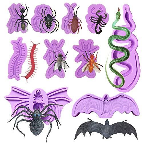Woohome 10 Pz Fondant Silicone Molds Insetto Stampi in Silicone per Torte Serpente Pipistrello Ragno Stampi in Silicone Fondente Torta per Torte, Cioccolato, Zucchero e Sapone