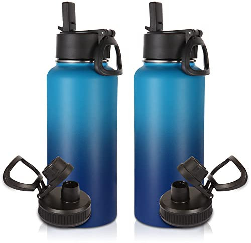 Volhoply 1 Litre Water Bottles Bulk 2 Pack with Straw & Spout Lid,Insulated Sports Water Bottle,Double Wall Vacuum Stainless Steel Tumbler,Leak Proof Wide Mouth Metal Flask for Travel(Green Blue,2)