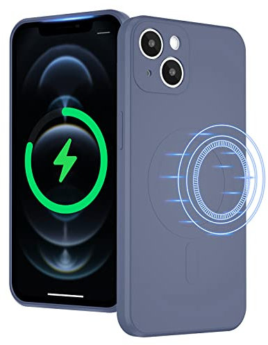 UEEBAI Liquid Silicone Wireless Charging Phone Case For iPhone 14 Plus 6.7 inch, Built-in Magnets Compatible with MagSafe Faster Charging Slim Fit Soft Microfiber Cover - Blue Grey