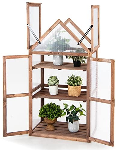COSTWAY Frühbeet Mini Gewächshaus, 3-stöckiges Pflanzenbeet mit aufklappbarem Dach, Anzuchthaus mit 2 Türen, Treibhaus aus Holz & Polycarbonat, Aufzuchtschrank für Balkon Garten, Braun, 71x41x145cm