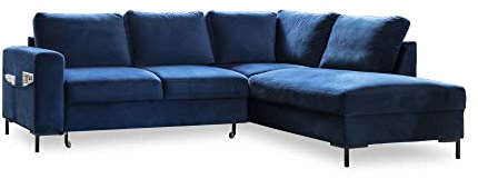 MIUFORM Ecksofa mit Schlaffunktion, Lofty Lilly Wohnlandschaft L-Form, Couch L Form Wohnladschaft mit Schlaffunktion Schlafcouch, Samt-Stoff Metallfüße (Navy blau, Rechts ausgerichtet)