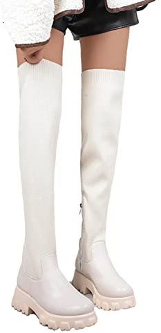 Damen Hohe Stiefel Strick Herbst Winter Schuhe Stretch Langschaft Overknees Stiefel Winterstiefel Lang Boots Kniehohe Stiefel Damen Langschaft Boots Pumps Warme Schneestiefel Grobstrick Stiefel
