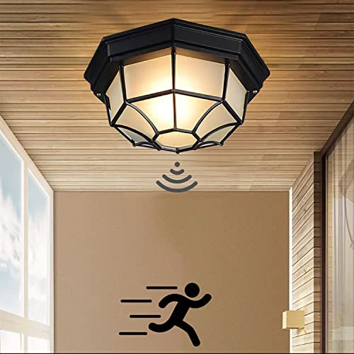 LED Retro Deckenlampe mit Bewegungsmelder,Wasserdichte IP54 Deckenleuchte aus Aluminium,Industrie Loft Rustikale Flurlampe,Antik Deckenbeleuchtung Außenlampe Decke Carport Überdachung Terrasse