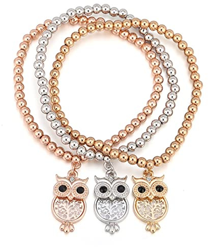 Bysonglezai Armbänder Damen Armband Frauen Geschenk Mädchen 3 Stücke Kristall Eule Tier Baum Des Lebens Anhänger Elastische Armbänder Für Frauen Mischen Farben Perlen Armband