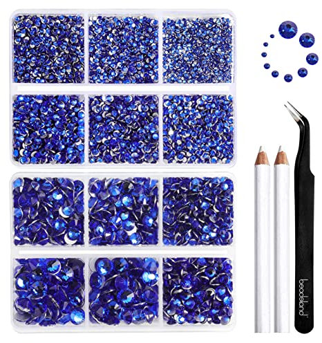 Beadsland 8300PCS Flatback Rhinestones, Royal Blue Rhinestone Nail Gems Round Crystal Rhinestones for Crafts, Mixed 10 Sizes with Wax Pencil and Tweezer Kit, SS3-SS30, Sapphire