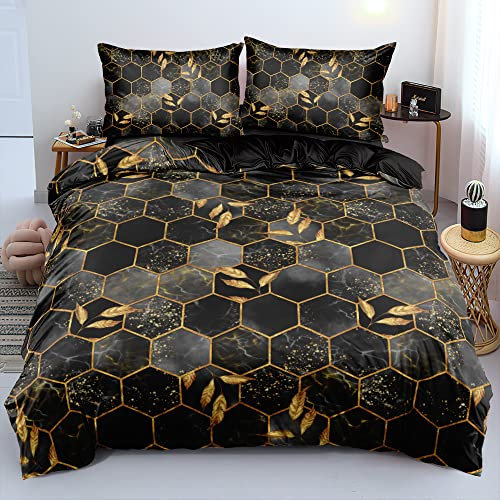 Bettwäsche Schwarz Gold 135x200 Grau Marmor Kariert 3D Effekt Wende Marmoriert Bettwäsche Set Blätter Aesthetic Microfaser Luxus Modern Gedruckt Bettbezug 135 x 200 Einzelbett mit Reißverschluss