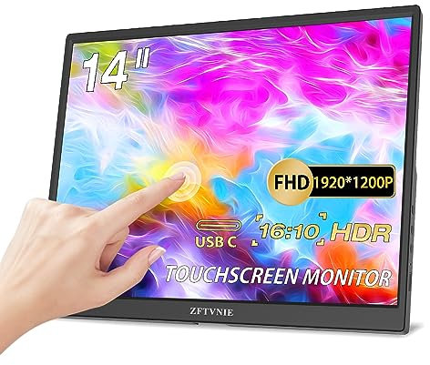 ZFTVNIE Portable Monitor Touchscreen 14 inch HDR FHD 1920 x 1200P Portable Display IPS Screen External Monitor with HDMI USB Type-C for Ras pi/Computer/Laptop/Mac/PS3/PS4/Xbox/Switch