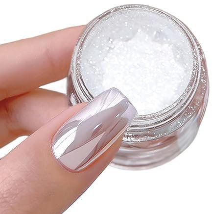 White Pearl Chrome Nail Powder Magic Metallic Silver Mirror Effect Ice Pearlescent Nail Art Glitter Aurora Shimmer Powder for Nails High Gloss Glazed Donut Manicure Pigment Dust Decorations