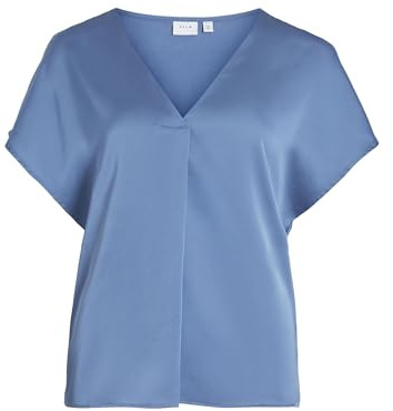 Vila Damen Viellette V-Neck S/S Satin Top-Noos Kurzarmbluse 14089239,Coronet Blue,44