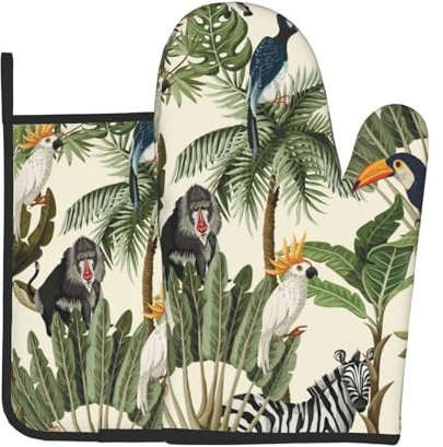 Ofenhandschuhe und Topflappen, Bäume und Tiere, wasserdicht, hitzebeständig, Küchenhandschuhe zum Kochen, Backen und Grillen, 2 Stück