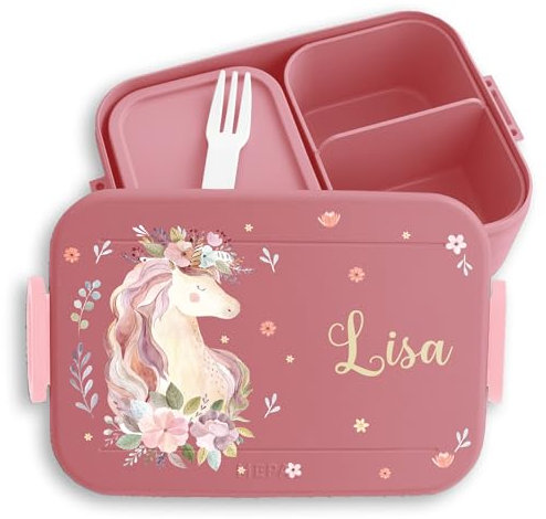 Kinder Bento Box Midi Lunchbox für Mepal Bentobox - Einhörner - Einhorn Geschenk Mädchen Schule I Kindergarten mit Name - 900 ml - Rosa - einhorn-bento-box personalisierte brotboxen unicorn