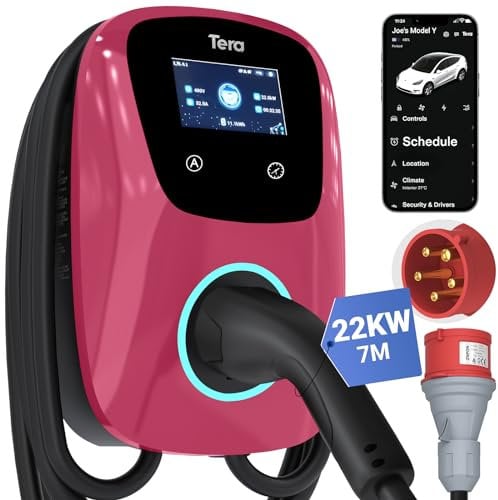 Tera EV Ladegerät Smart APP: 32A Typ 2 22kW oder 11kW Heim Ladestation 400V CE & TÜV Wallbox 7m Ladekabel mit Ladegerätehalter App-Steuerung CEE 3-Phasen Stecker für Alle EVs und PHEVs W01 Magentarot