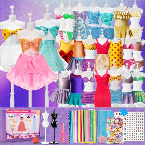 Anpro 650+ Stücke Mädchen Fashion Designer, Modedesign Bastelset mit Stoff, DIY Kunst und Bastelset Nähsets Sketchbook Stoffschere Mannequin Basteln Geschenke, Mädchen for Girls Age 6-12 Toys