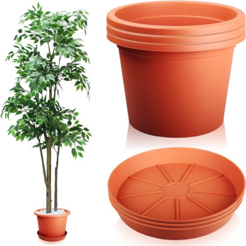 Stimo 3X Blumentopf 34cm mit Untersetzer 30cm Grau Pflanzkübel Kunststoff Pflanztopf Rundtopf (Terrakotta)