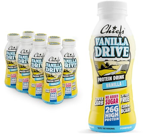 Boisson protéinée - Chiefs Milkshake Vanille - Sans sucre ajouté et sans lactose - Riche en protéines avec 26 g de protéine - Bouteilles de 8 x 330 ml - Délicieux goût crémeux