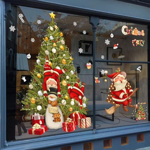Hianjoo Pegatinas Navideñas para Ventanas, 2 Hojas Arboles de Navidad grandes Pegatinas Decoraciones Bonitas de Pared con Papá Noel Regalos Pegatinas para Pared Ventana Escaparate Puerta
