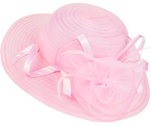 Cappello da sole da donna in paglia con fiore in organza all'uncinetto, cappello di paglia francese da spiaggia, cappello derby tea party cappello da sposa fascinator, Rosa, M
